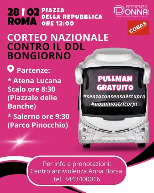 BUS DA SALERNO E ATENA LUCANA PER IL CORTEO NAZIONALE CONTRO IL DDL BONGIORNO